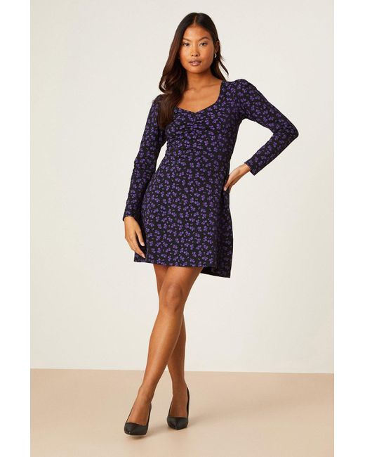 Dorothy Perkins Blue Petite Long Sleeve Purple Ditsy Mini Dress