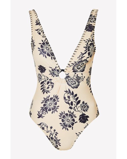 Warehouse Natural Floral Embroidered Ring Plunge Swimsuit