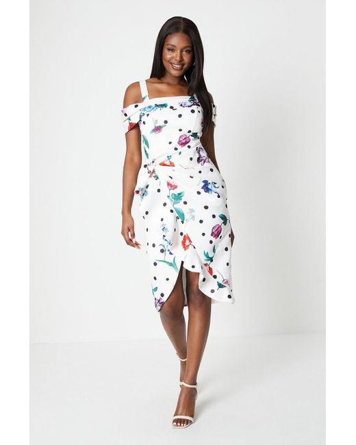 Coast White Satin Ruched Printed Pencil Dress