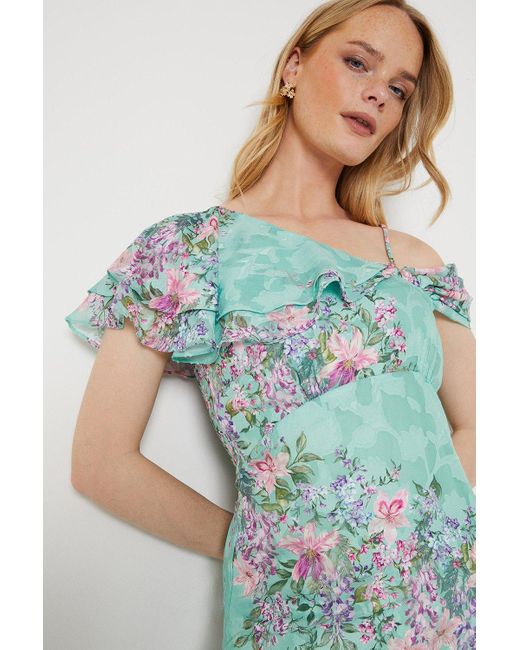 Oasis Blue Sage Floral Asymmetric Frill Satin Burnout Maxi Dress
