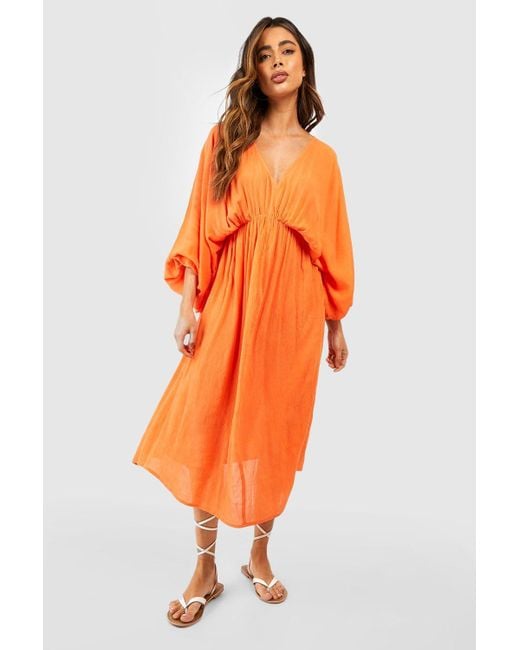 Boohoo Orange Cotton Drape Batwing Midi Dress