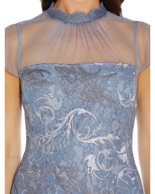 Adrianna Papell Blue Embroidered Lace Flounce Dress