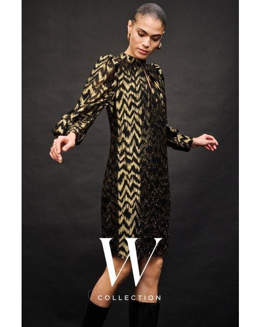Wallis Black Gold Metallic Zigzag Blouson Shift Dress