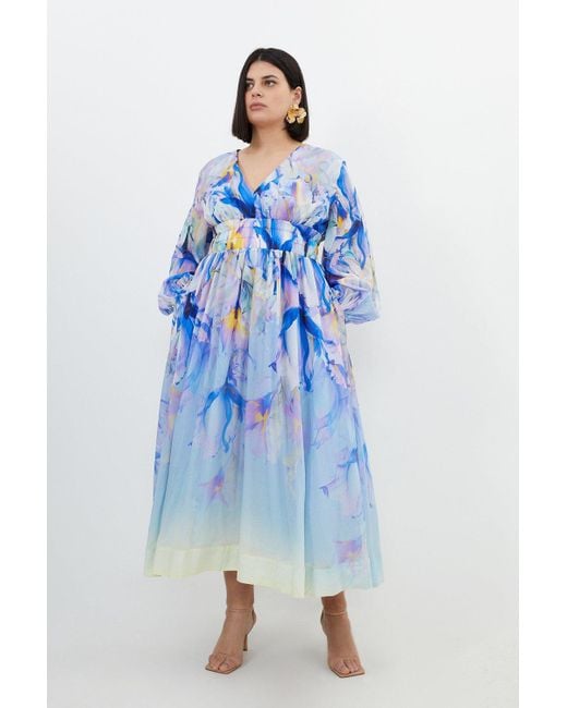 Karen Millen Blue Plus Size Ombre Floral Silk Cotton Plunge Maxi Dress