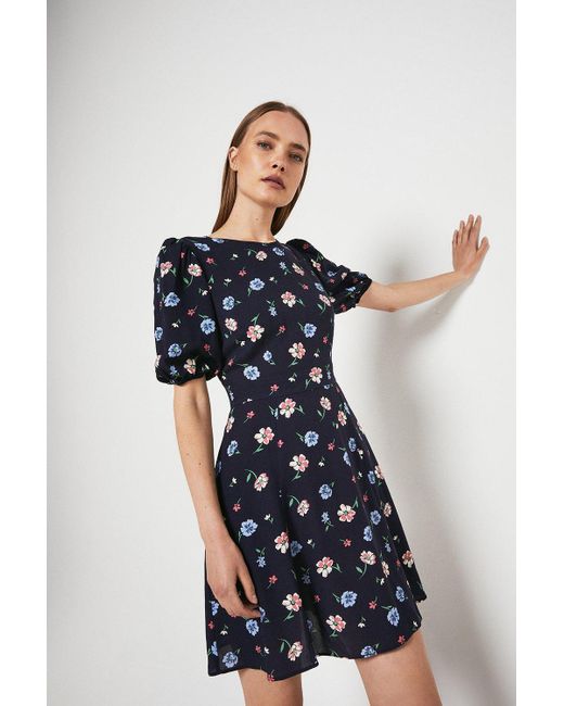 Warehouse Blue Flippy Mini Dress With Short Sleeve In Floral
