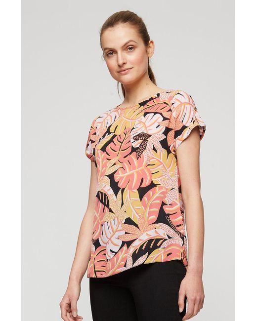 Dorothy Perkins Pink Bright Palm Gold Button Roll Sleeve Top