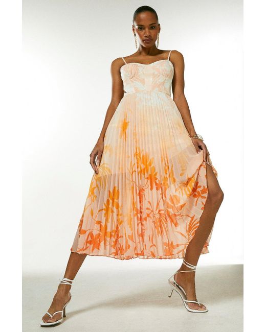 Karen Millen Orange Ombre Floral Pleat Bustier Midi Dress