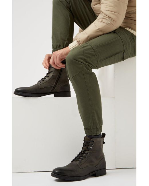 Burton Green Grey Leather Worker Boots for men