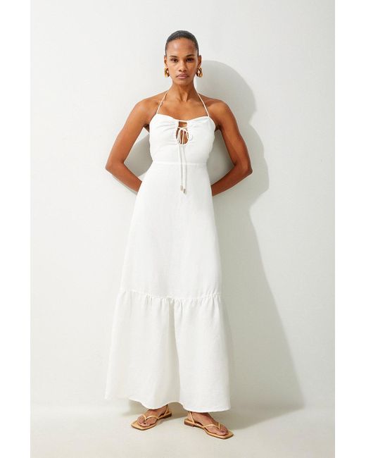 Karen Millen White Viscose Linen Woven Maxi Beach Dress