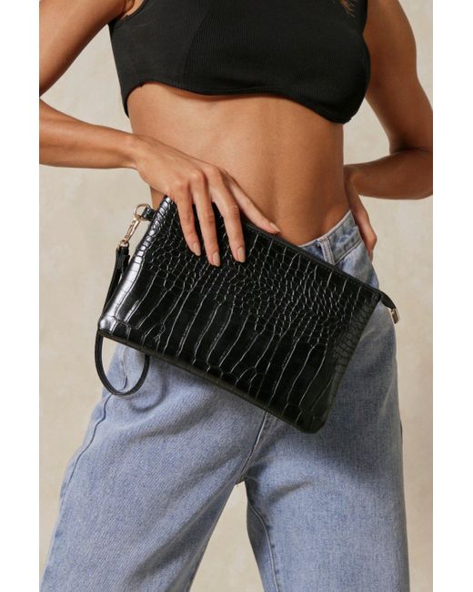 MissPap Black Croc Leather Look Zip Top Clutch Bag