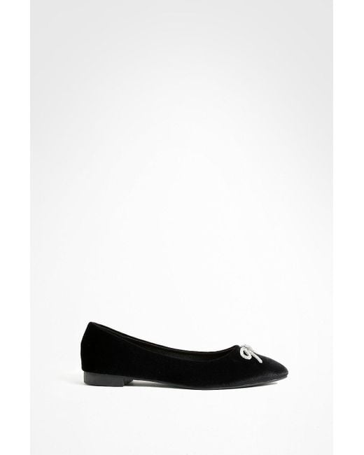Boohoo Black Wide Fit Diamante Bow Velvet Pointed Flats