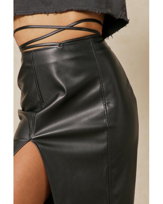 MissPap Natural Leather Look Split Side Wrap Waist Mini Skirt
