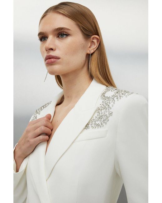 Karen Millen White Tailored Viscose Open Back Embellished Blazer Dress