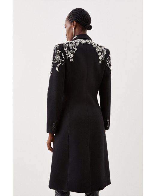 Karen Millen Black Petite Wool Blend Embellished Double Breasted Coat