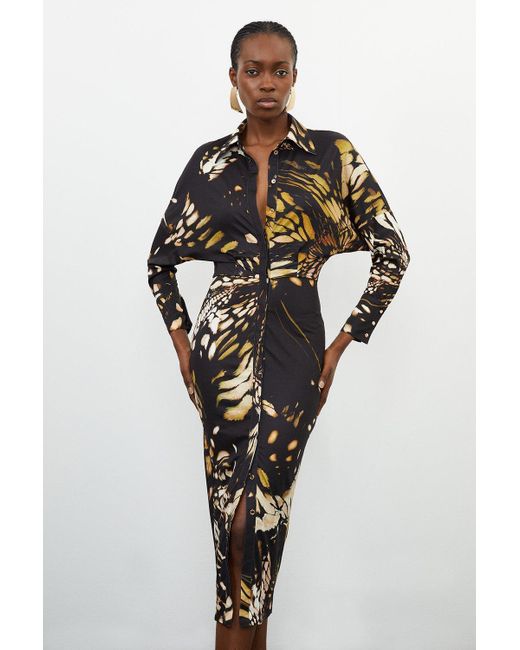 Karen Millen Black Butterfly Print Jersey Crepe Maxi Shirt Dress