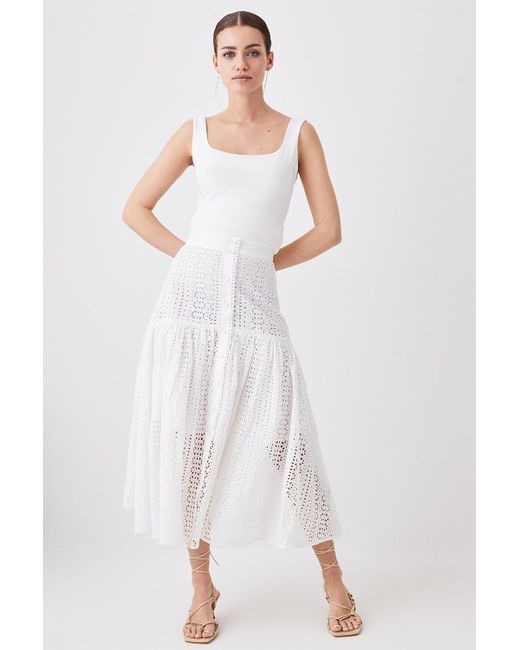Karen Millen White Petite Cotton Broderie Button Through Midi Skirt