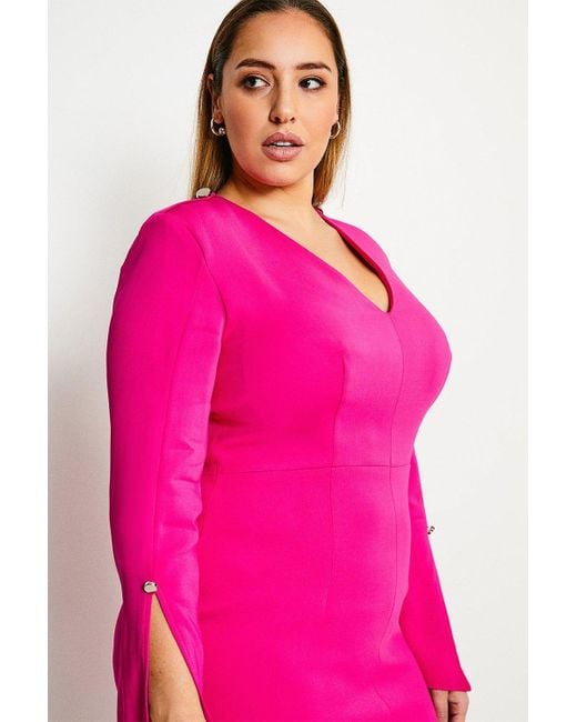 Karen Millen Pink Plus Size Long Sleeve Deep V Neck Pencil Dress