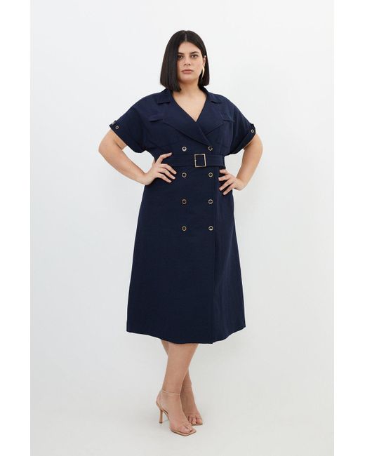 Karen Millen Blue Plus Size Linen Viscose Fluid Tailored Double Breasted Belted Midi Shirt Dress