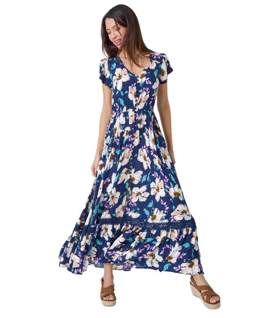 Roman Blue Floral Print Shirred Waist Maxi Dress