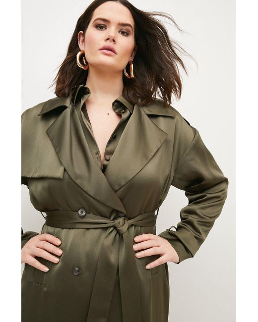 Karen Millen Green Plus Size Satin Crepe Trench Coat