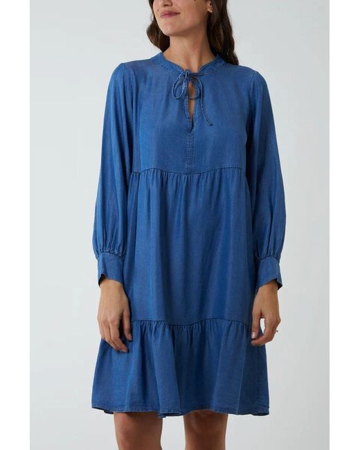 Hoxton Gal Blue Oversized Tie Detailed Knee Lenght Cotton Denim Smock Dress With Long Sleeves