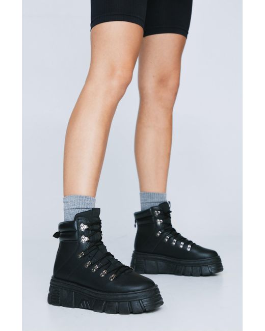 Nasty Gal White Faux Leather Chunky Hiker Boots