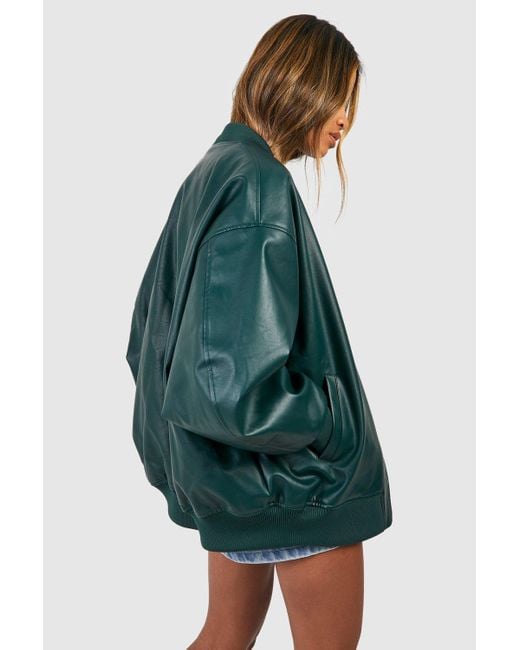 Boohoo Green Oversized Faux Leather Bomber Jacket