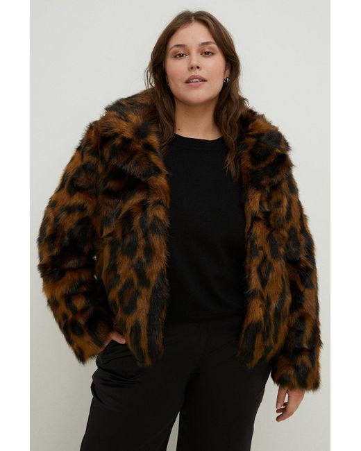 Oasis Brown Plus Size Animal Faux Fur Collared Coat