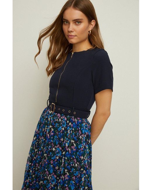 Oasis Blue Zip Through Floral Pleated Dress