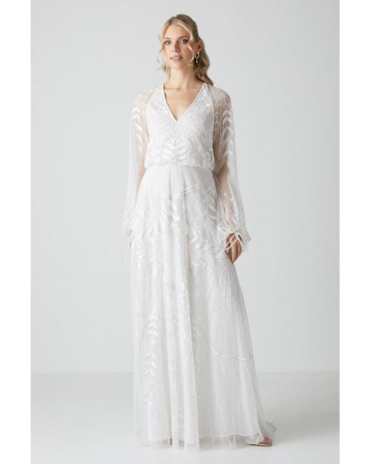 Coast White Boho Embroidered Blouson Sleeve Wedding Dress
