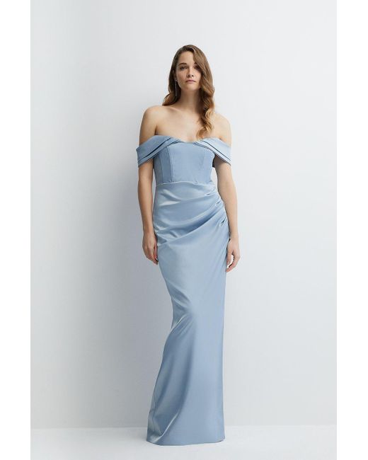 Coast Blue Structured Satin Bardot Wrap Bridesmaids Maxi Dress