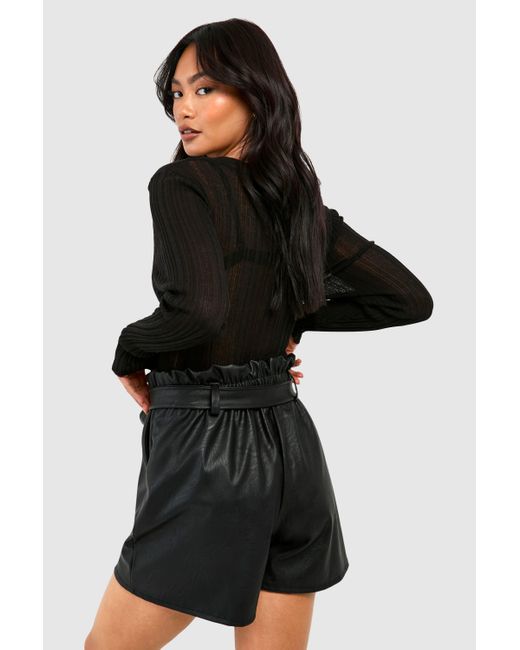 Boohoo Black Faux Leather Look Belted High Waisted Short
