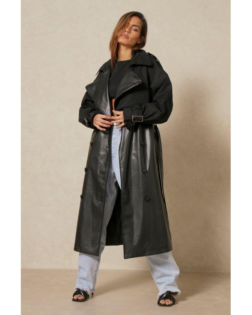 MissPap Black Faux Leather Contrast Fabric Trench Coat