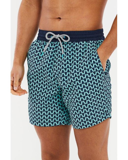 Threadbare Blue 'santos' Geometric Turtle Print Swim Shorts for men
