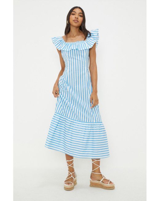 Dorothy Perkins Blue Stripe Frill Neck Midi Dress