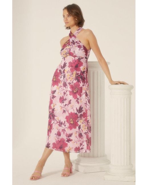 Oasis Pink Floral Cross Neck Halter Satin Midi Dress