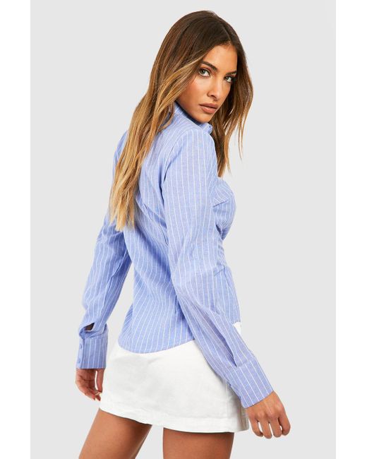 Boohoo Blue Shoulder Pad Cinched Waist Striped Shirt