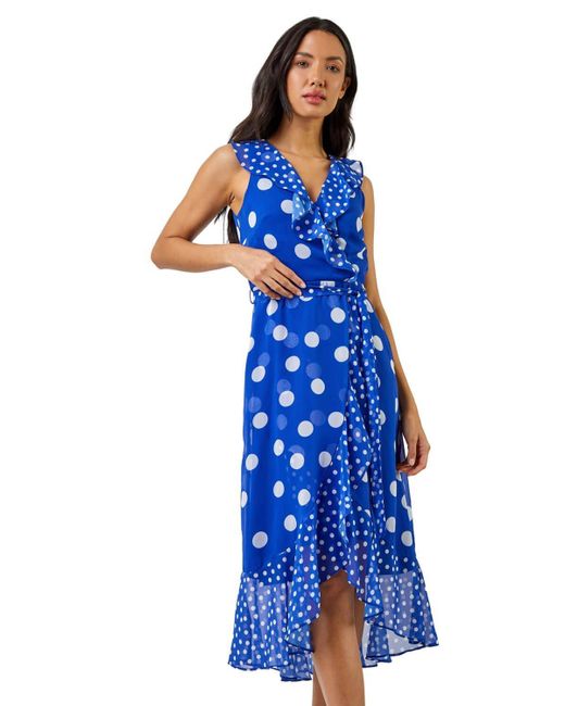 Roman Blue Polka Dot Frill Detail Wrap Dress