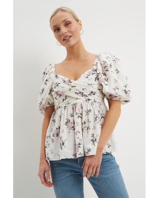 Dorothy Perkins Gray Petite Floral Ruched Sleeve Top