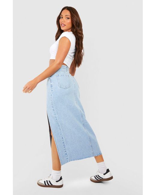 Boohoo Blue Tall Split Side Denim Midi Skirt
