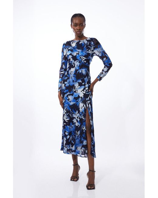 Karen Millen Blue Satin Floral Devore Woven Maxi Dress