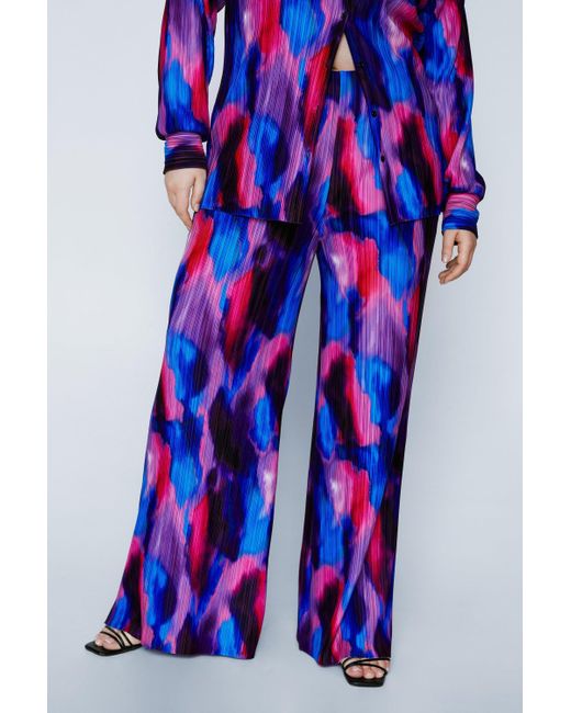 Nasty Gal Blue Plus Size Printed Plisse High Waisted Pants