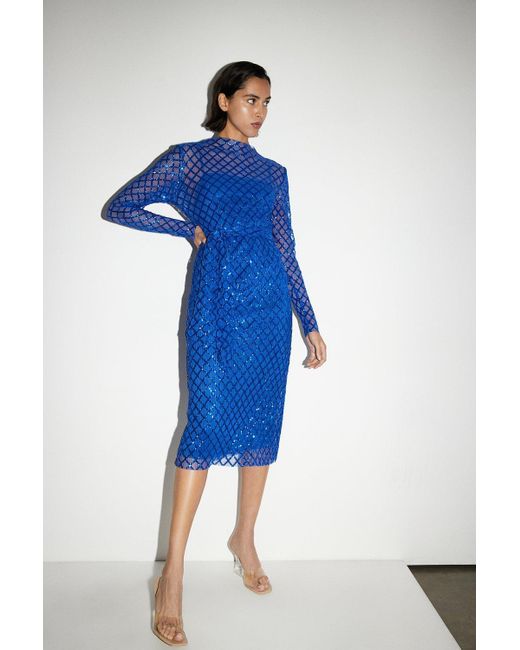 Warehouse Blue Petite Diamond Sequin Mesh Midi Dress