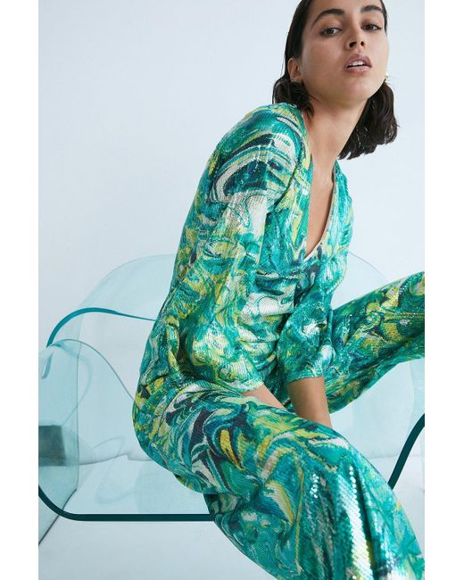 Warehouse Green Wh X Kimberley Burrows Printed Sequin Co-ord Top