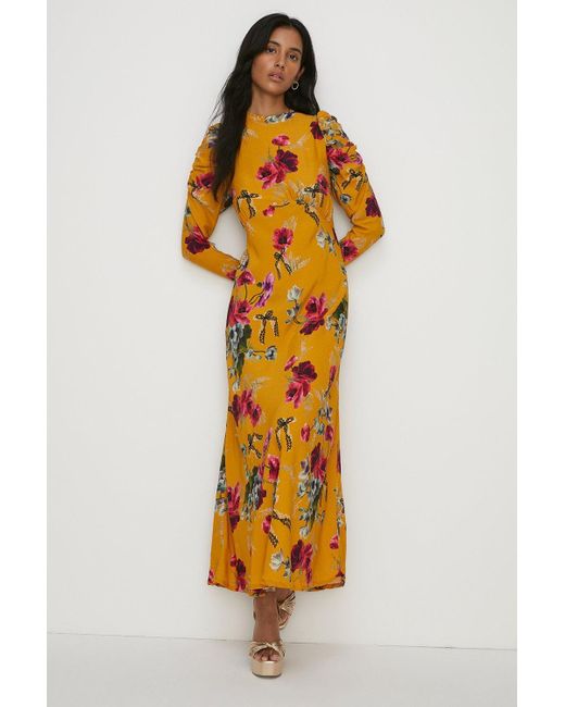 Oasis Metallic Ruched Long Sleeve Large Floral Midi Dress