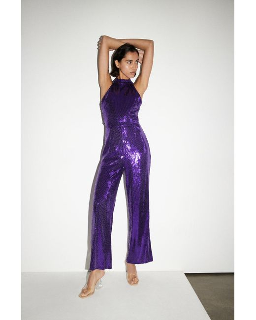 Warehouse Purple Sequin Halter Neck Wide Leg Jumpsuit
