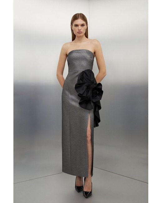 Karen Millen Gray Tailored Compact Stretch Sparkle Taffeta Rosette Bandeau Midi Dress