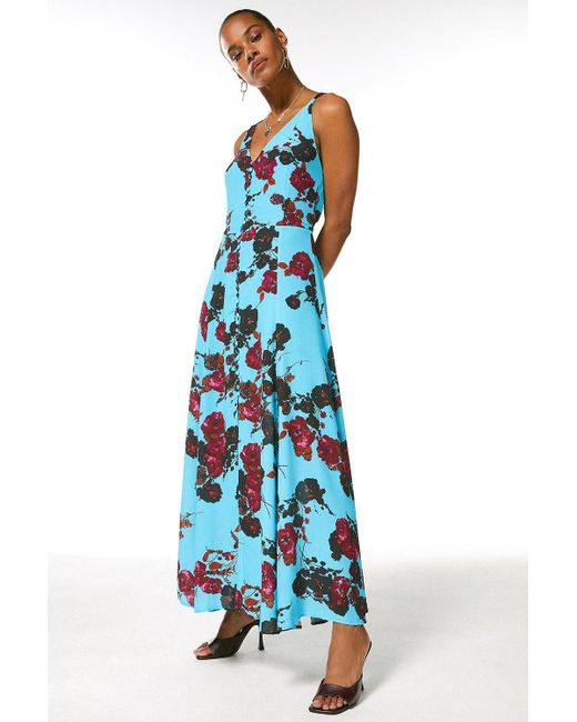 Karen Millen Blue Strappy Printed Floral Long Dress