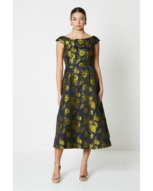 Coast Green Jacquard Folded Neck Bardot Twill Midi Dress