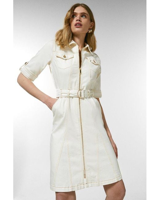 Karen Millen White Zip Front Belted Denim Dress